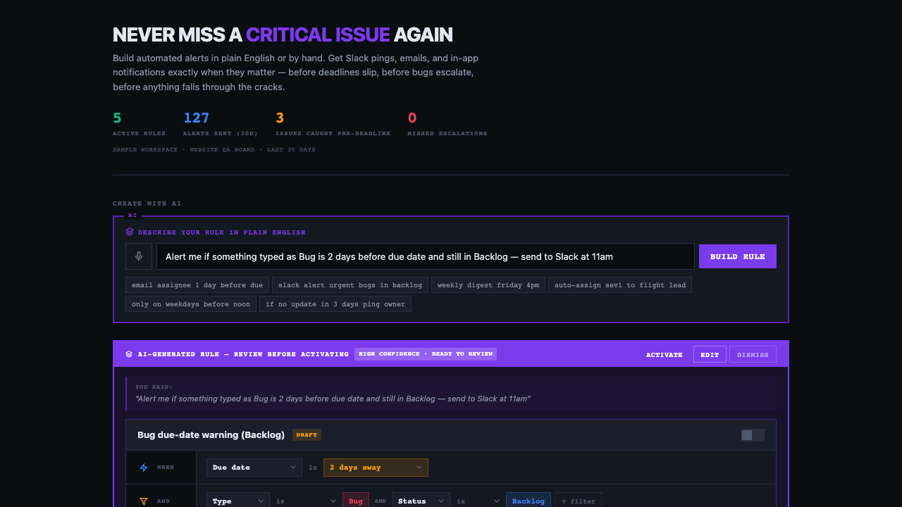 Visual Tracker automation builder showing AI-generated rule, impact preview, and safety guardrails